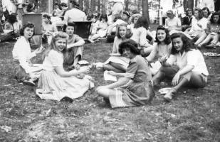 Girls Relaxing Outside, 1940-1945, Jean Rountree Snapshot, CCHS 500.22.03