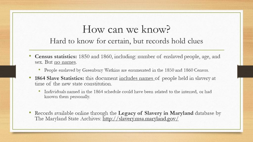 How can we know?Hard to know for certain, but records hold clues. Census statistics: 1850 and 1860, including: number of enslaved people, age, and sex. But no names. People enslaved by Greenbury Watkins are enumerated in the 1850 and 1860 Census. 1864 Slave Statistics: this document includes names of people held in slavery at time of the new state constitution. Individuals named in the 1864 schedule could have been related to the interred, or had known them personally.  Records available online through the Legacy of Slavery in Maryland database by The Maryland State Archives.