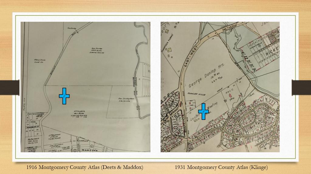 1916 Montgomery County Atlas (Deets & Maddox) showing the approximate location of the burial ground showing mostly undeveloped farmland. 1931 Montgomery County Atlas (Klinge) showing the approximate location of the burial ground, newly created East-West highway, and some suburban development.