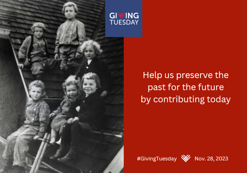 A black and white historic photos of a group of children sitting on a roof along with a side bar that says "help us preserve the past for the future by contributing today"